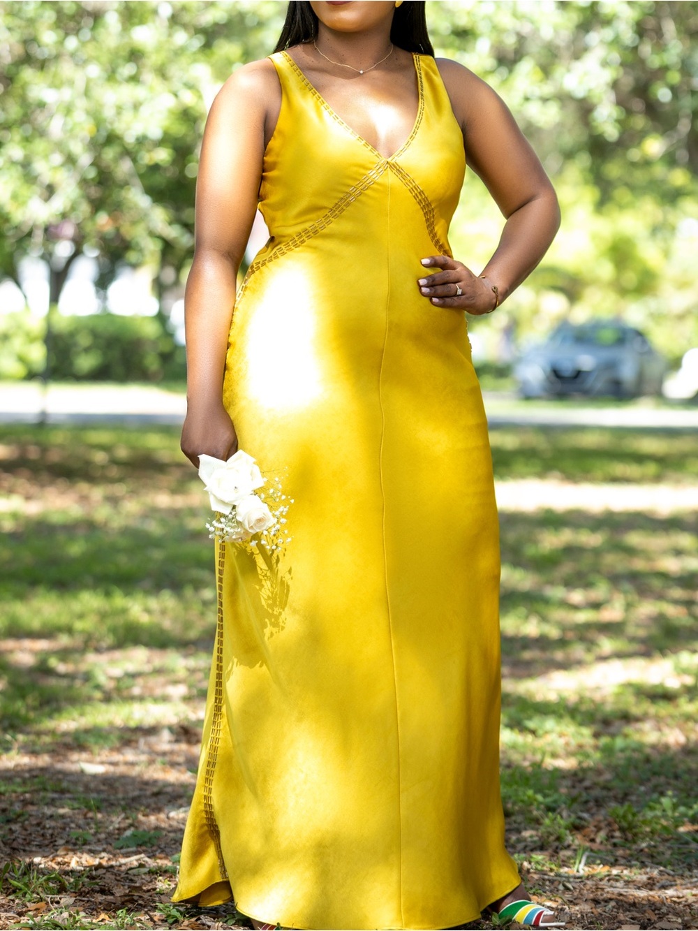 Zara Yellow Satin V-Neck Maxi Dress worn once for a wedding (see first picture)